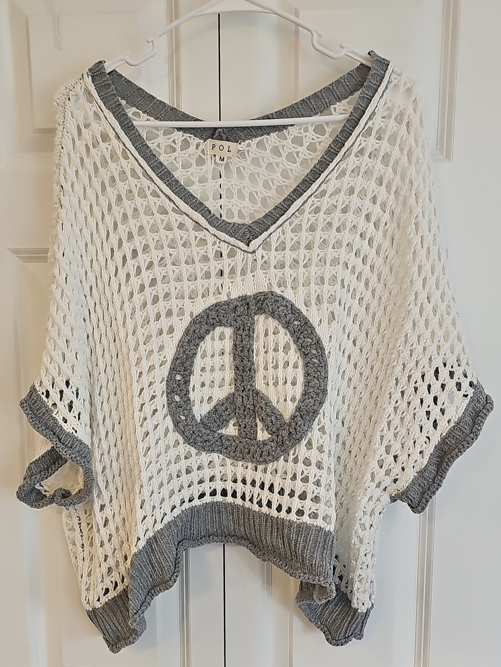 POL Open-Knit Crochet Top in White and Gray